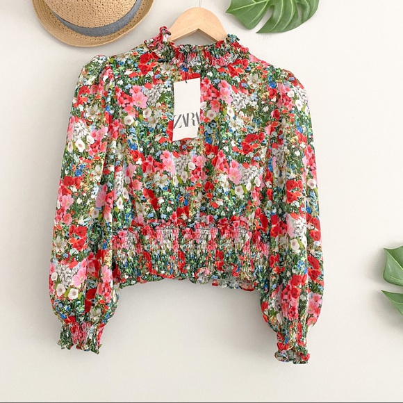 Zara Tops - ZARA Pink Green Highneck Longsleeve Crop Top